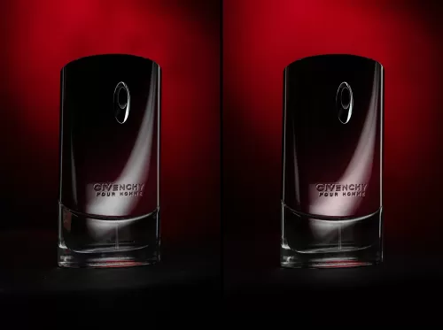 Рекламная съемка флакона мужского парфюма Givenchy Pour Homme на контрастном темно-красном фоне